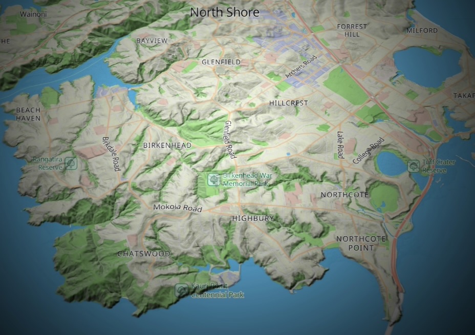 Map of the Kaipātiki area on Auckland's North Shore that KYDT covers, from Beach Haven and Birkenhead to Glenfield and Northcote